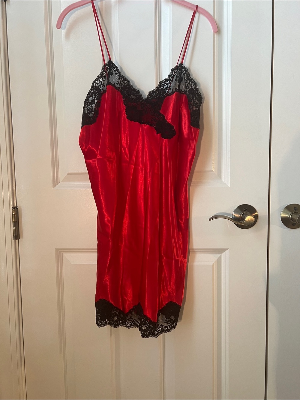 Red Satin Lace-Trim Chemise with Black Accents